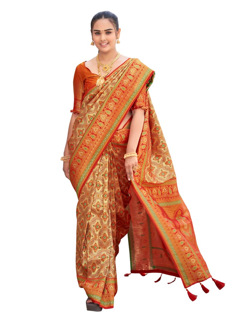 MANOHARI Women's Most Trendy Banarasi Woven Orange Saree With Heavy Jacquard Work Saree With Blouse Piece - Image 1