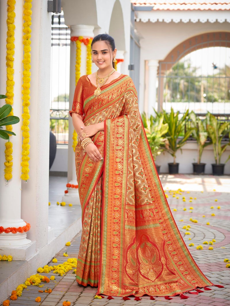 MANOHARI Women's Most Trendy Banarasi Woven Orange Saree With Heavy Jacquard Work Saree With Blouse Piece - Image 2