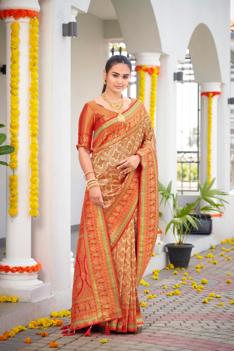 MANOHARI Women's Most Trendy Banarasi Woven Orange Saree With Heavy Jacquard Work Saree With Blouse Piece - Image 5