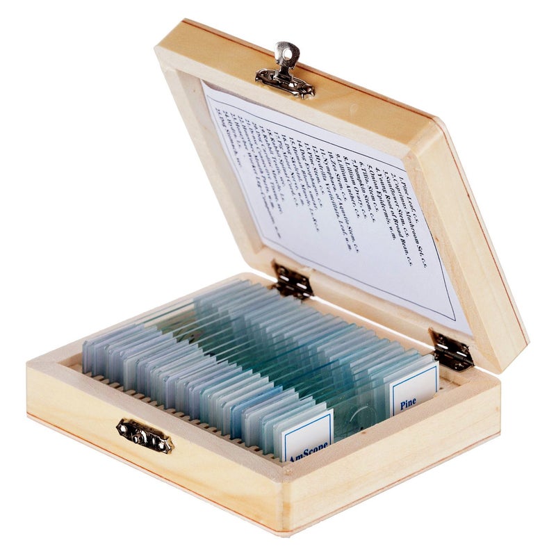 AmScope AmScope PS25 Prepared Microscope Slide Set for Basic Biological Science Education, 25 Slides, Includes Fitted Wooden Case Brown - Image 1