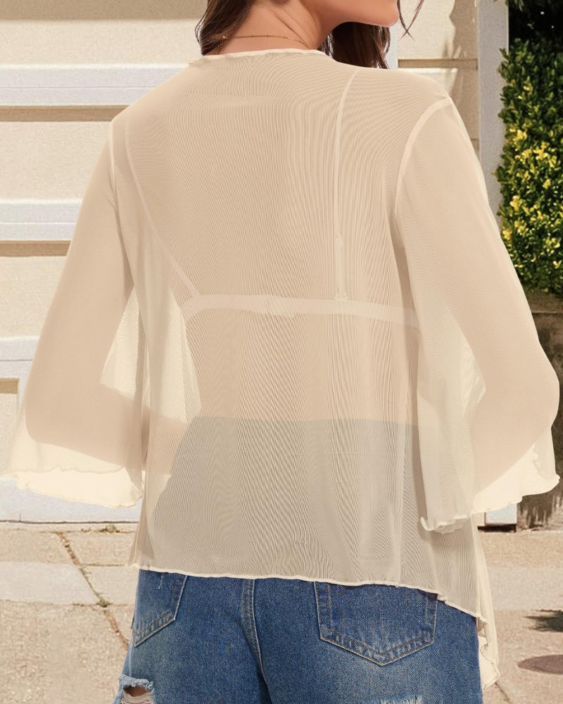 CHICGAL Women's Short Cardigan Bolero Shrug Sheer Tie Front Top 3/4 Sleeve Jacket for Dress (Apricot,L) - Image 5