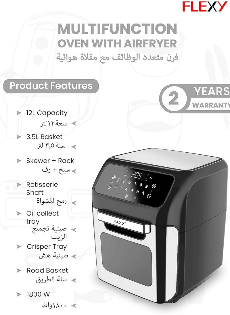 Air Fryer 12L 1800W Digital With Touch Controls And Clear Window Includes 10 Presets 6 Accessories For Roasting Baking Dehydrating Reheating