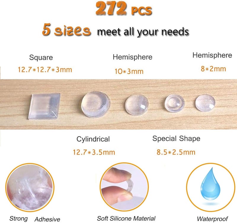 Rui Cabinet Door Bumpers Clear Self Adhesive Noise Dampening Bumper Pads 272Pcs Silicone Rubber Bumpers for Drawers Picture Frames Cutting Board and Furniture Surface Protection 5 Sizes Pack - Image 2