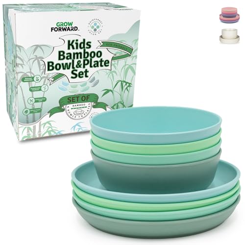 Grow Forward Bamboo Kids Plates and Bowls Sets - 8-Piece Dishwasher Safe Non Toxic Plates for Kids - Reusable Eco Friendly BPA Free Dishes Dinnerware Sets for Children - Rainforest - Image 1