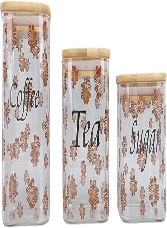 Glass Kitchen Canister Set with Bamboo Lids, 3-Piece Coffee Tea Sugar Storage Containers, Floral Pattern (3, Square)
