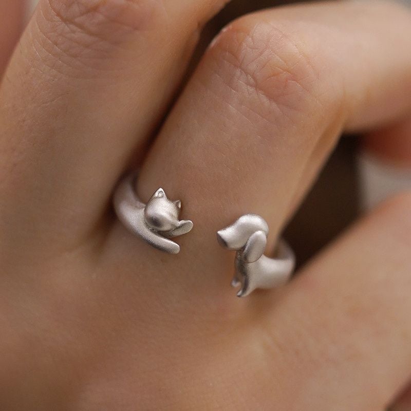 Cat Dog Hug Ring Cute Animal Adjustable Open Ring - Image 3