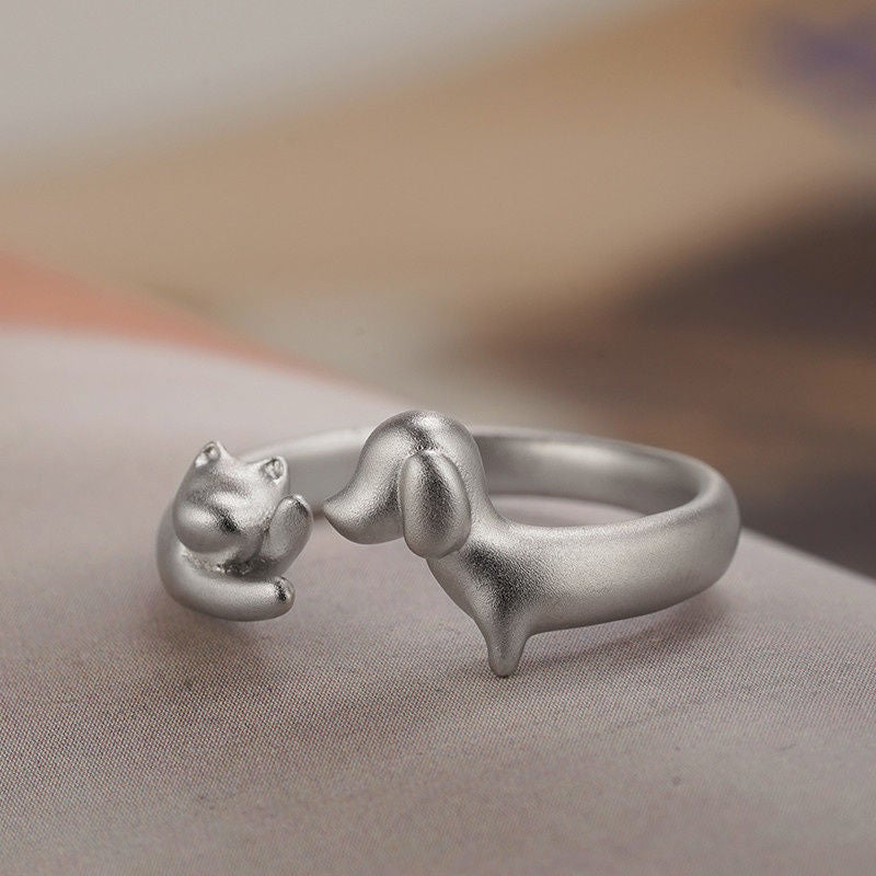 Cat Dog Hug Ring Cute Animal Adjustable Open Ring - Image 1