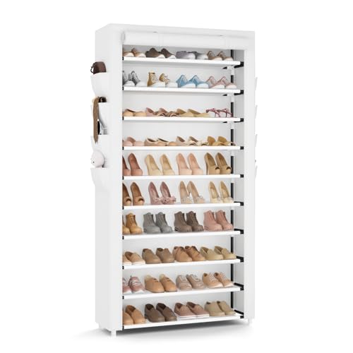 VTRIN Tall Shoe Rack with Cover 10 Tier Shoe Organizer Storage for 5055 Pairs Shoes and Boots Large Capacity Shoe Shelf with 8 Pockets Free Standing Shoe Rack for Closet Entryway Garage White