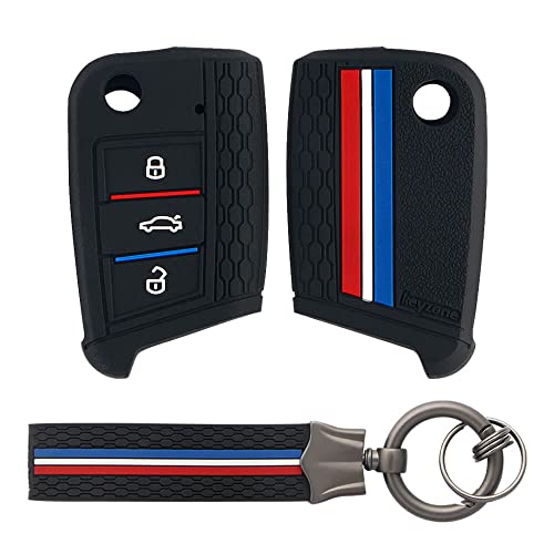 keyzone Striped Silicone Key Cover & Keychain Compatible for Skoda Kylaq, Slavia, Kodiaq, Kushaq, Octavia, Karoq, Superb 3 Button Flip key (Kzs17_Octaviaflip_Black_Kzsblackkeychain) - Image 1