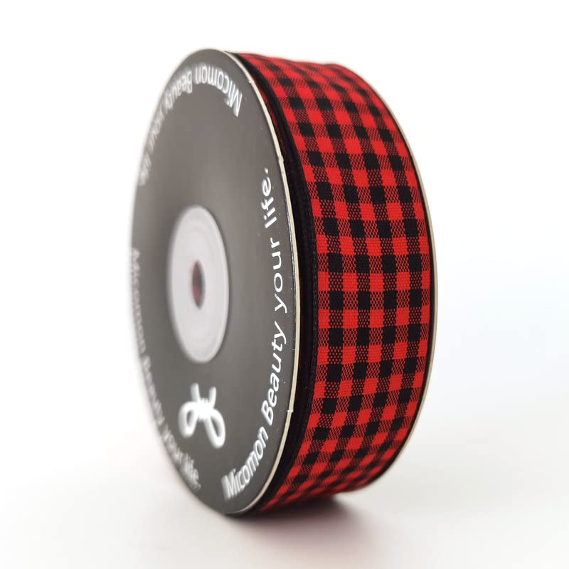 Micomon Red and Black Gingham Plaid Checked Ribbon 25 Yards Each Roll 100% Polyester (1",BlackRed) - Image 1