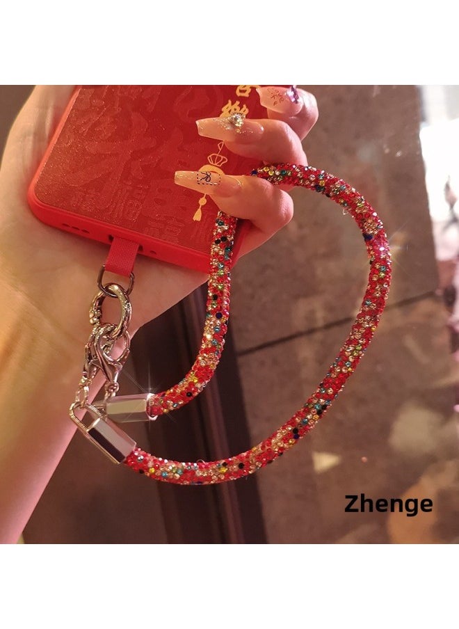 Generic - Full Diamond Mobile Phone Hanging Chain Ins Style Women's Advanced Wrist Hanging Accessories Small Fragrance Style Red Flash Mobile Phone Shell Pendant Short-Specifications Support Image Upload:[red] Double Buckle Thick Hand Rope With Full Diamonds + Red Long Clip - Image 1