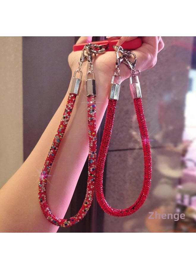 Generic - Full Diamond Mobile Phone Hanging Chain Ins Style Women's Advanced Wrist Hanging Accessories Small Fragrance Style Red Flash Mobile Phone Shell Pendant Short-Specifications Support Image Upload:[red] Double Buckle Thick Hand Rope With Full Diamonds + Red Long Clip - Image 1