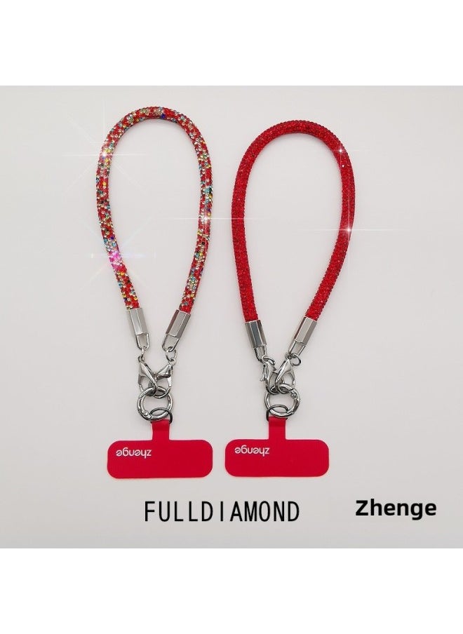 Generic - Full Diamond Mobile Phone Hanging Chain Ins Style Women's Advanced Wrist Hanging Accessories Small Fragrance Style Red Flash Mobile Phone Shell Pendant Short-Specifications Support Image Upload:[red] Double Buckle Thick Hand Rope With Full Diamonds + Red Long Clip - Image 1
