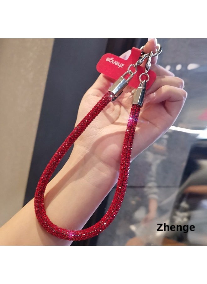 Generic - Full Diamond Mobile Phone Hanging Chain Ins Style Women's Advanced Wrist Hanging Accessories Small Fragrance Style Red Flash Mobile Phone Shell Pendant Short-Specifications Support Image Upload:[red] Double Buckle Thick Hand Rope With Full Diamonds + Red Long Clip - Image 1