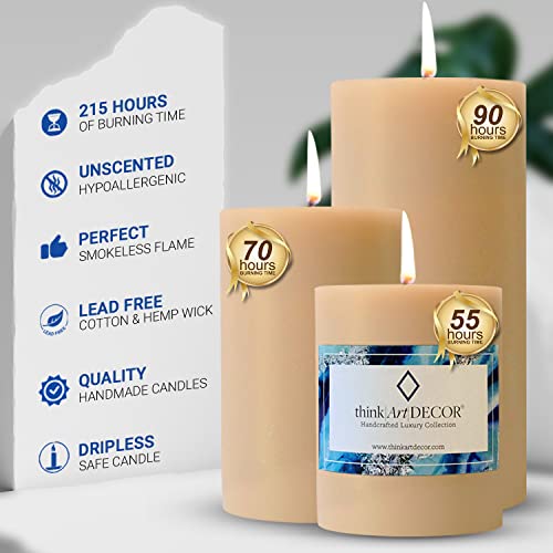 ThinkArtDecor Unscented Pillar Candles Set of 3 | 55, 70, 90 Hrs | 3, 4, 6 inches Smokeless & Dripless Wax Candles for Home Decor | Ivory - Image 3