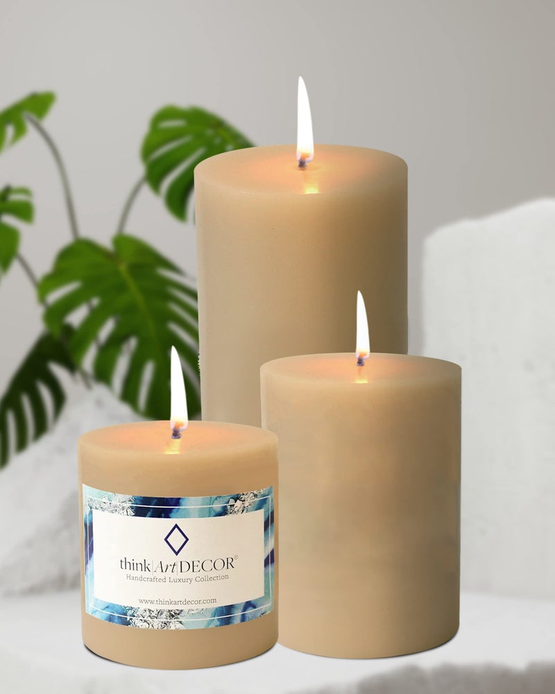 ThinkArtDecor Unscented Pillar Candles Set of 3 | 55, 70, 90 Hrs | 3, 4, 6 inches Smokeless & Dripless Wax Candles for Home Decor | Ivory - Image 1