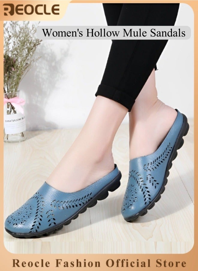 REOCLE Women's Hollow Mule Sandals Casual All-Match Hollow Slippers Leather Loafer Flats Lightweight Comfy Slip-on Loafer Backless Slippers - Image 1