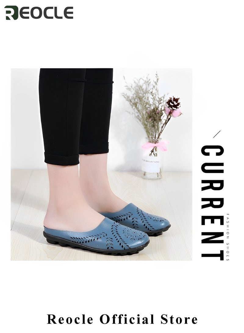REOCLE Women's Hollow Mule Sandals Casual All-Match Hollow Slippers Leather Loafer Flats Lightweight Comfy Slip-on Loafer Backless Slippers - Image 3