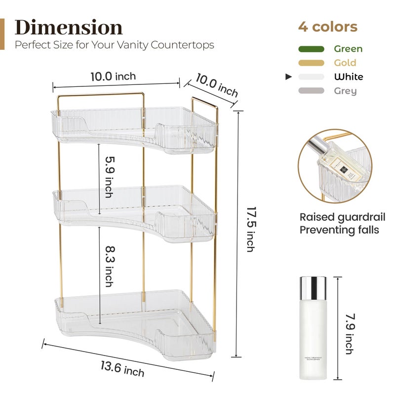 Aveniee Corner Bathroom Counter Organizer, Bathroom Countertop Shelf Makeup Storage, Clear Perfume Tray Holder (3 Tiers, White) - Image 3