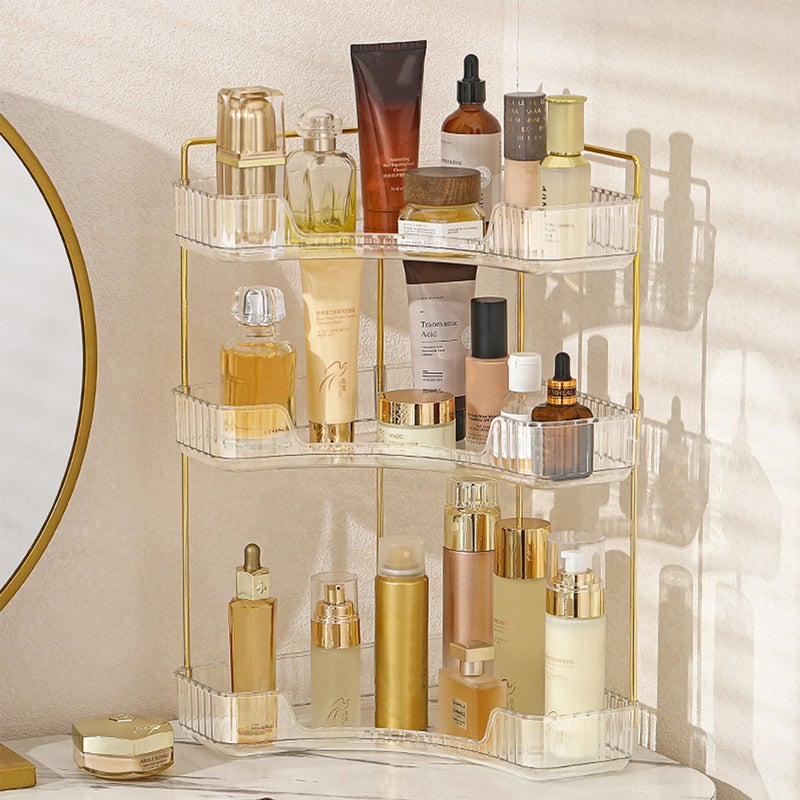 Aveniee Corner Bathroom Counter Organizer, Bathroom Countertop Shelf Makeup Storage, Clear Perfume Tray Holder (3 Tiers, White) - Image 1