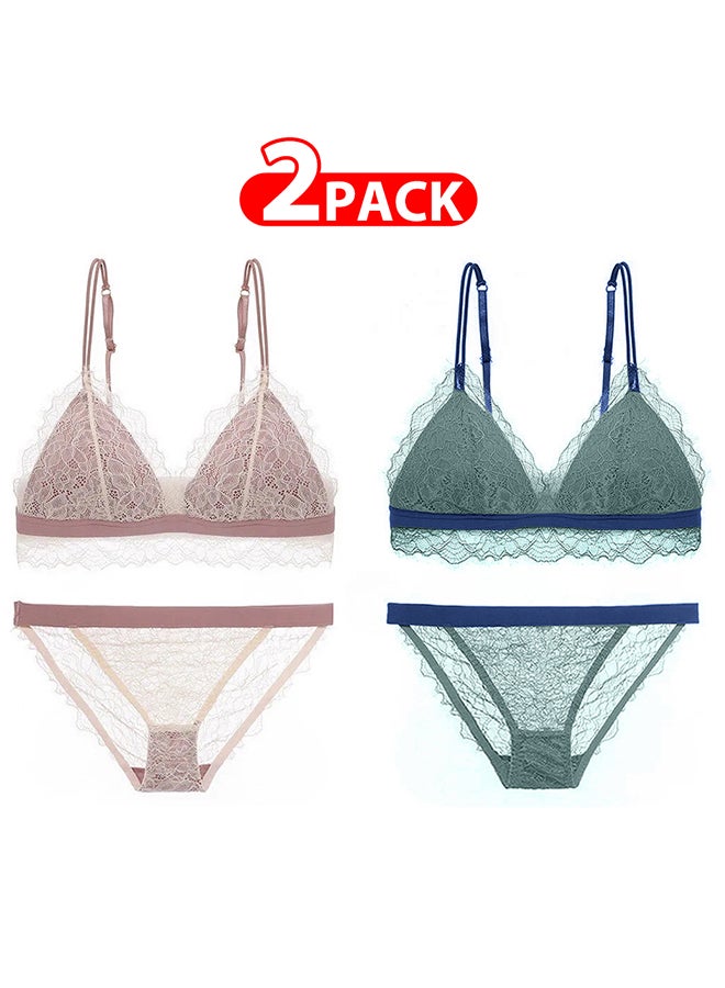 MARGOUN 2 Packs For Women's Medium Size Bra and Panty Set Bra Lace Lash Floral Briefs Underwear Triangle Cup Young Girls Underwear Lingerie Bra and Panties Set Multicolour - Image 1