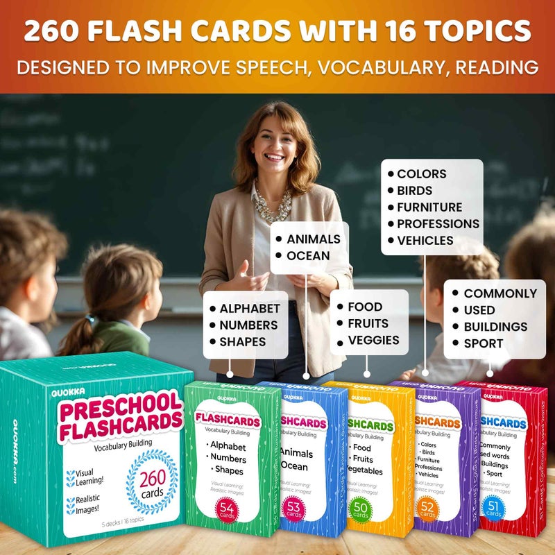 QUOKKA 260 Flash Cards for Kids Ages 3-5 with Realistic Images â€“ Pre K Flash Cards Age 4-5 for Toddlers & Preschool, Alphabet, Numbers, Shapes, etc with 30 Learning Activities Color-Coded for Sorting - Image 2
