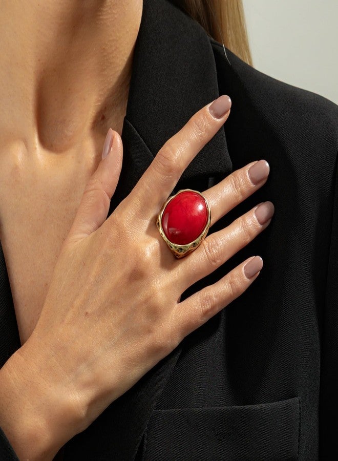 IS4U Chunky Oval Gemstone Ring for Women Vintage Resin Acrylic Ring Statement Big Geometry Finger Joint Ring Simple Classics Party Holiday Jewelry Accessories (Red) - Image 3