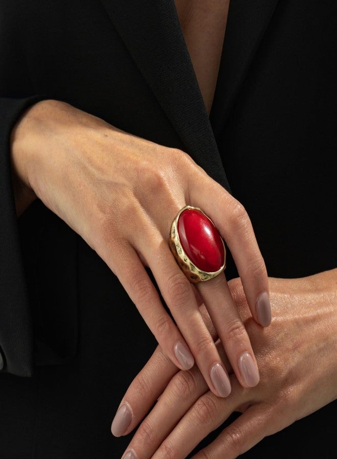 IS4U Chunky Oval Gemstone Ring for Women Vintage Resin Acrylic Ring Statement Big Geometry Finger Joint Ring Simple Classics Party Holiday Jewelry Accessories (Red) - Image 2