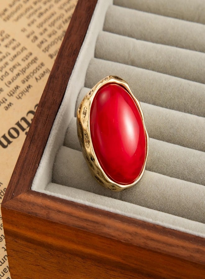 IS4U Chunky Oval Gemstone Ring for Women Vintage Resin Acrylic Ring Statement Big Geometry Finger Joint Ring Simple Classics Party Holiday Jewelry Accessories (Red) - Image 5