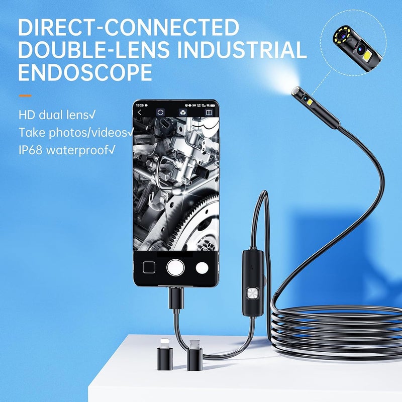 Dual Lens Industrial Endoscope Camera 1920P IP68 Inspection Snake Camera 5m Adjustable LED Lights - Image 5