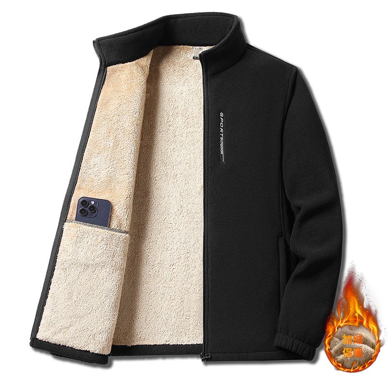 New Mens Fleece Jacket Warm Sherpa-Lined Zip Hoodie Black - Image 1