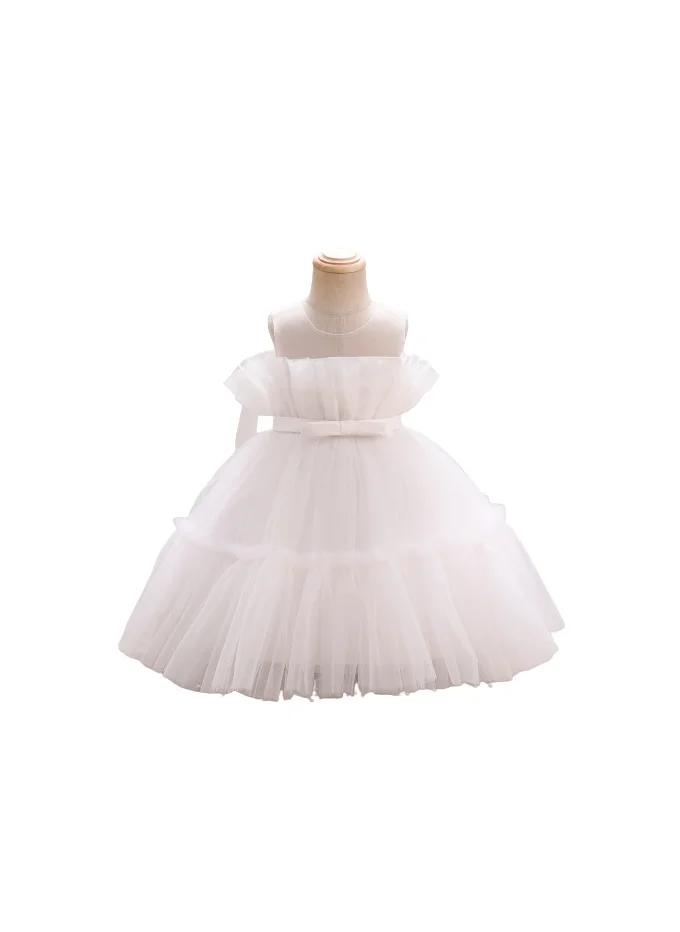 D'Daniela D' Daniela - Toddler Girls Bow Front Ruffle Hem Mesh Gown Dress White