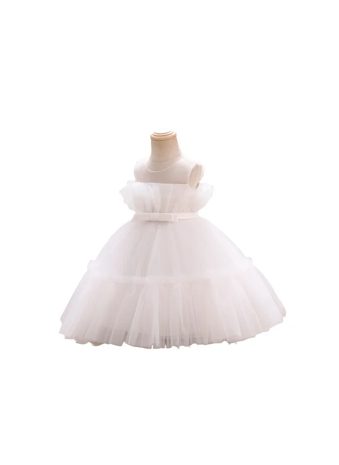 D'Daniela D' Daniela - Toddler Girls Bow Front Ruffle Hem Mesh Gown Dress White