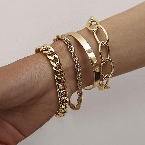 fxmimior Dainty Boho Silver Chain Bracelets Set for Women Adjustable Fashion Beaded Chunky Flat Cable Chain Punk Bracelets for Women Gift Set of 4 - Image 3