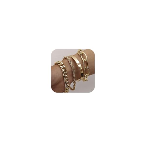 fxmimior Dainty Boho Silver Chain Bracelets Set for Women Adjustable Fashion Beaded Chunky Flat Cable Chain Punk Bracelets for Women Gift Set of 4 - Image 1