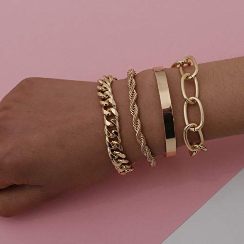 fxmimior Dainty Boho Silver Chain Bracelets Set for Women Adjustable Fashion Beaded Chunky Flat Cable Chain Punk Bracelets for Women Gift Set of 4 - Image 2