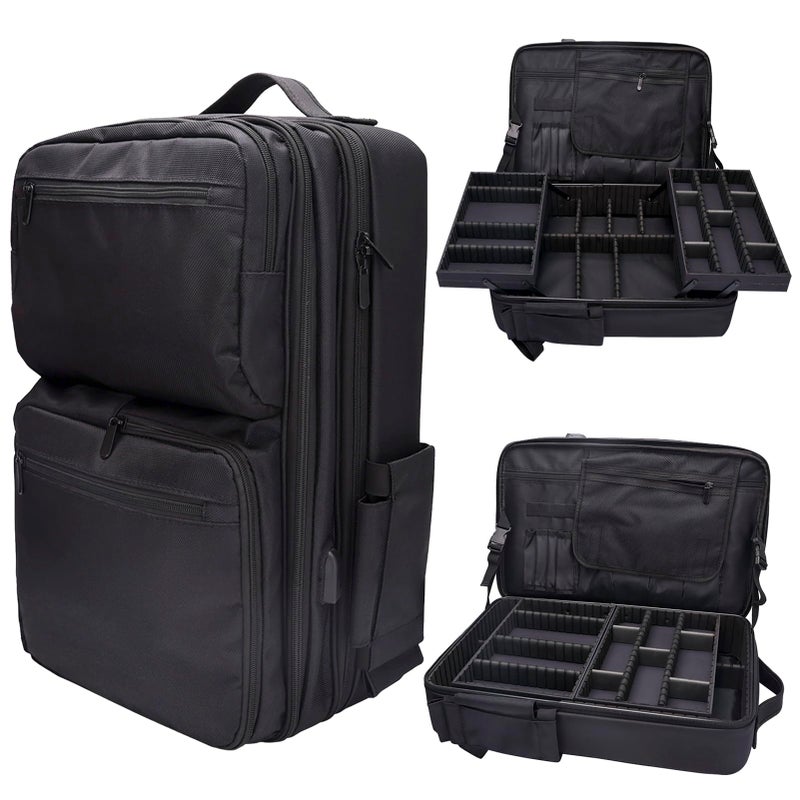 CGBARBER Large Makeup Backpack Professional Barber Travel Backpack Sliding Trays with Adjustable Dividers Cosmetic Storage Organizer Black