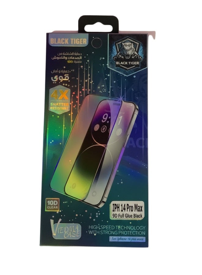 Black Tiger 10D Full Glue Black Clear Tempered Glass Screen Protector for iPhone 14 Pro Max with 4X Shatter Resistance and Strong Protection