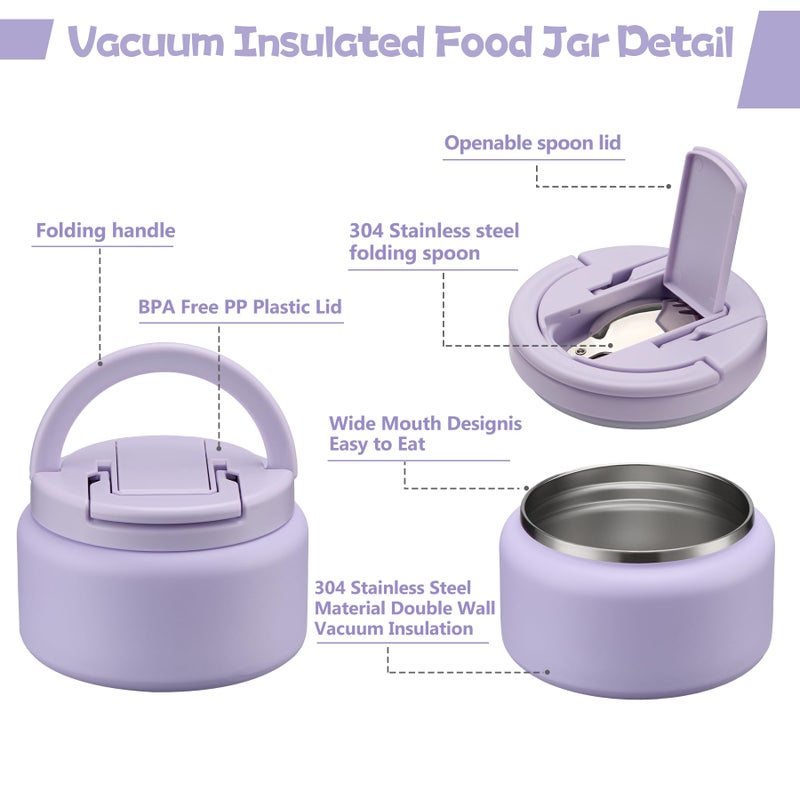BABHAMNESS 13.5oz Soup Thermo for Hot Food Kids Insulated Vacuum Food Jar with Buckle Lid,Wide Mouth Leakproof Stainless Steel Lunch Container with Spoon-Purple - Image 2