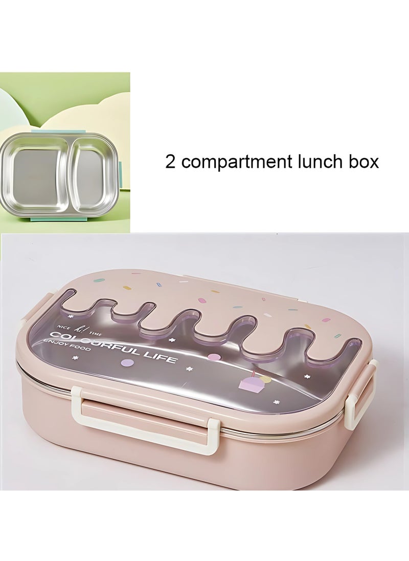 Twisoo - Twisoo Creative 2 Compartment Stainless Steel Lunch Box BPA Free Leakproof Clip Lock Ideal for Ice Cream and Steel Food Container Kids School Lunch box (Pink) - Image 1