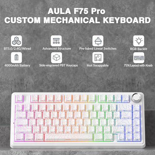 AULA F75 Pro Wireless Mechanical Keyboard with Knob75 Hot Swappable Custom Gaming KeyboardsRGB BacklitPrelubed SwitchesSide Printed PBT Keycaps Creamy Sounding Computer Keyboard Line White - Image 3