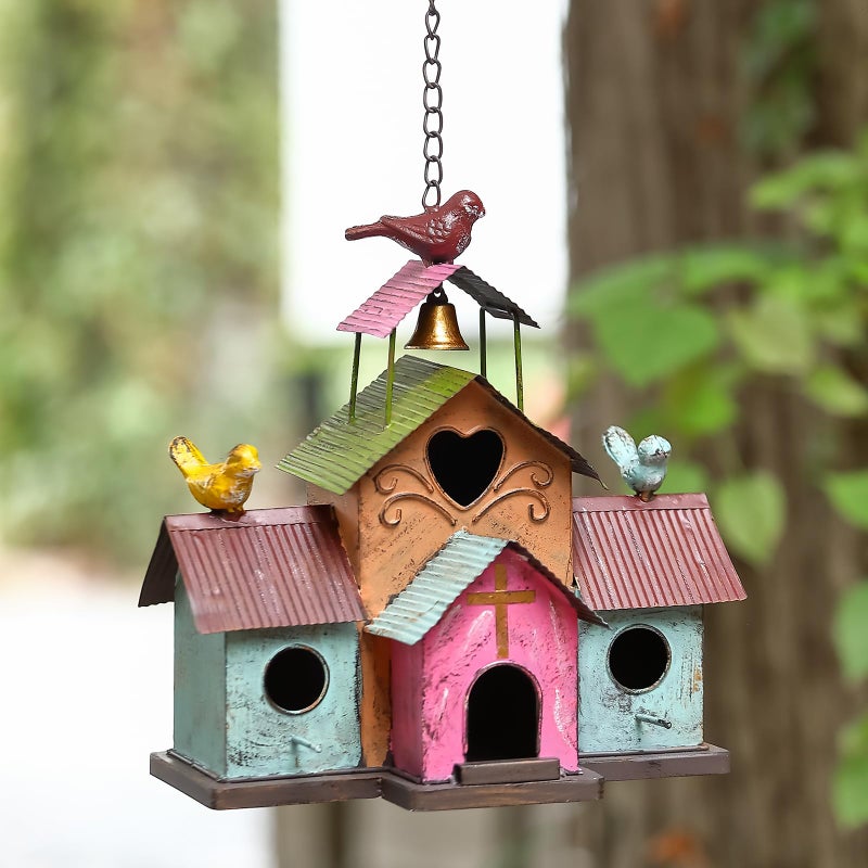 MOCOME Large Bird Houses for Outside Hanging, 4 Hole Outdoor Bird House with Bell, Easy Clear, Colorful Metal Bird Houses for Outside. - Image 1