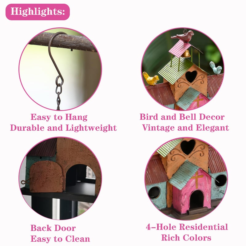 MOCOME Large Bird Houses for Outside Hanging, 4 Hole Outdoor Bird House with Bell, Easy Clear, Colorful Metal Bird Houses for Outside. - Image 3
