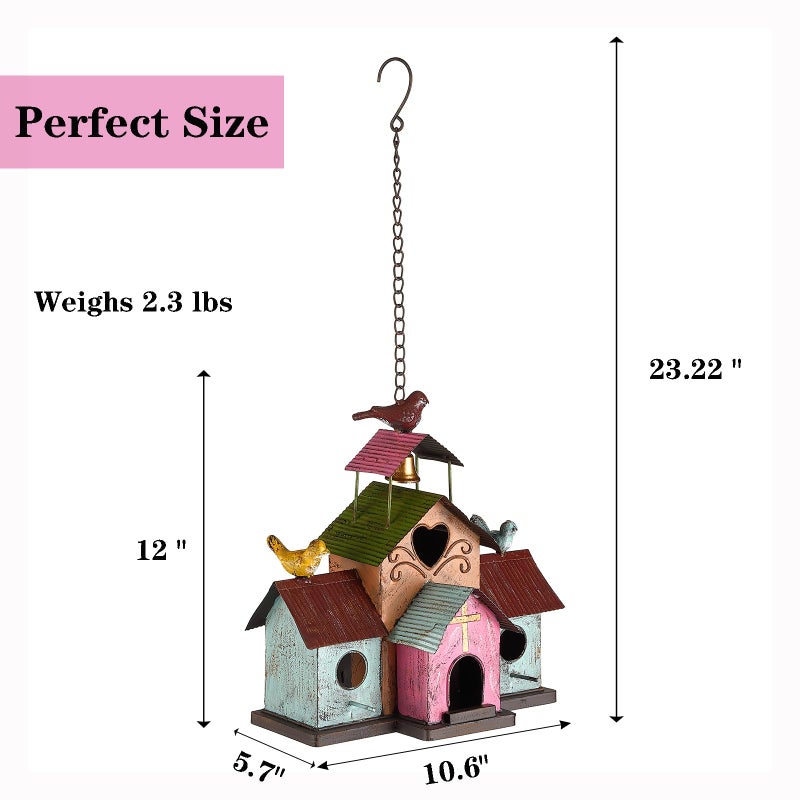 MOCOME Large Bird Houses for Outside Hanging, 4 Hole Outdoor Bird House with Bell, Easy Clear, Colorful Metal Bird Houses for Outside. - Image 4