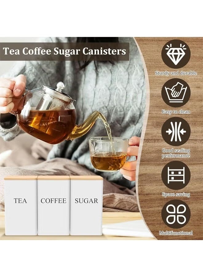 عربست طقم علب شاي وقهوة وسكر، طقم علب مكون من 3 قطع، طقم علب شاي وقهوة وسكر معدنية مع غطاء محكم الغلق من الخيزران وعلامة اسم، طقم علب مطبخ مربعة بسيطة لتخزين القهوة والشاي والسكر (أبيض) - Image 2
