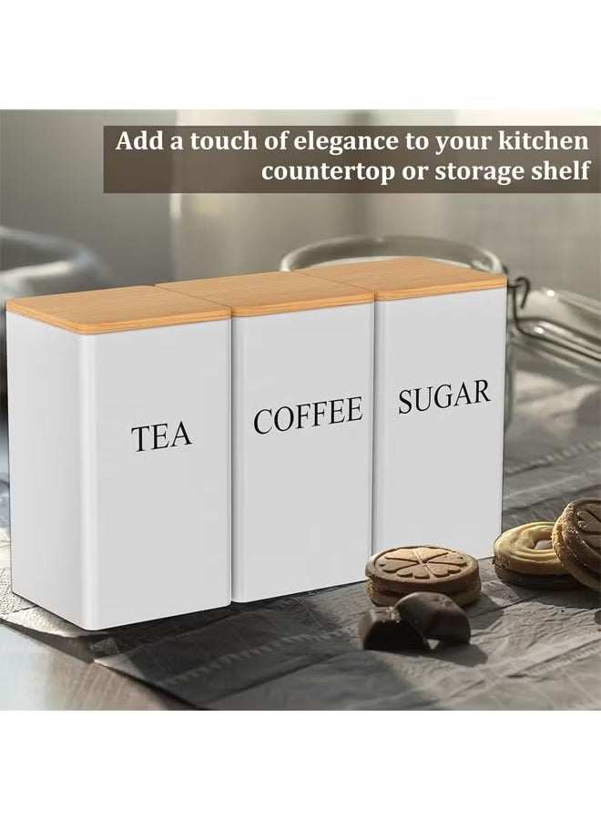 عربست طقم علب شاي وقهوة وسكر، طقم علب مكون من 3 قطع، طقم علب شاي وقهوة وسكر معدنية مع غطاء محكم الغلق من الخيزران وعلامة اسم، طقم علب مطبخ مربعة بسيطة لتخزين القهوة والشاي والسكر (أبيض) - Image 3