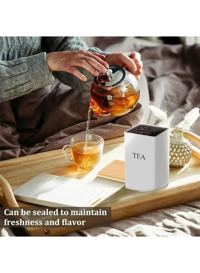 عربست طقم علب شاي وقهوة وسكر، طقم علب مكون من 3 قطع، طقم علب شاي وقهوة وسكر معدنية مع غطاء محكم الغلق من الخيزران وعلامة اسم، طقم علب مطبخ مربعة بسيطة لتخزين القهوة والشاي والسكر (أبيض) - Image 4