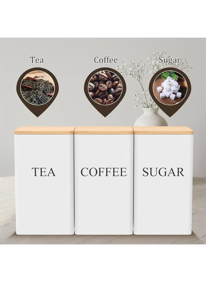 عربست طقم علب شاي وقهوة وسكر، طقم علب مكون من 3 قطع، طقم علب شاي وقهوة وسكر معدنية مع غطاء محكم الغلق من الخيزران وعلامة اسم، طقم علب مطبخ مربعة بسيطة لتخزين القهوة والشاي والسكر (أبيض) - Image 5