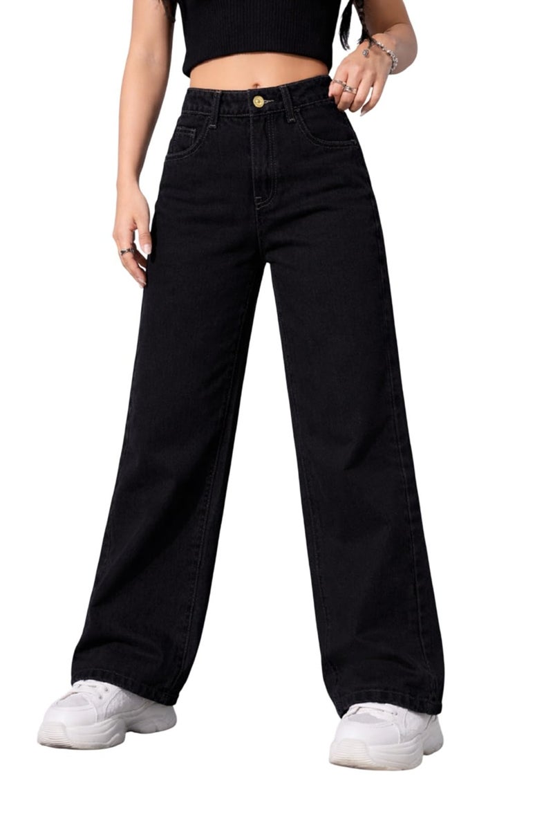 ADBUCKS Stretchable Denim Fabric High Rise Straight Fit Jeans for Girls (in, Age, 5 Years, 6 Years, Black) - Image 1