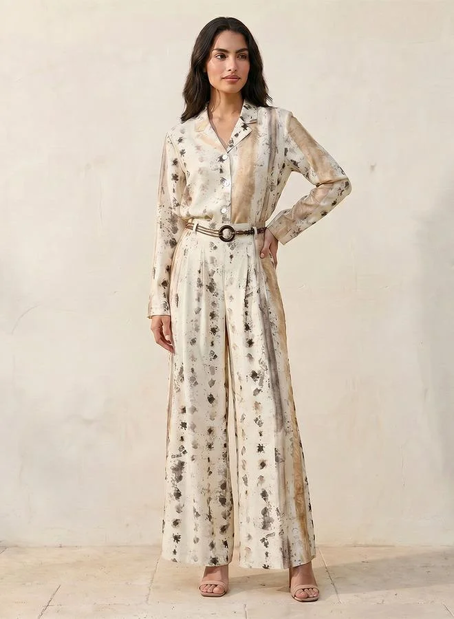 Iconic BEIGE Iconic Printed Wide Leg Belted Pants for Women | Best Price UAE